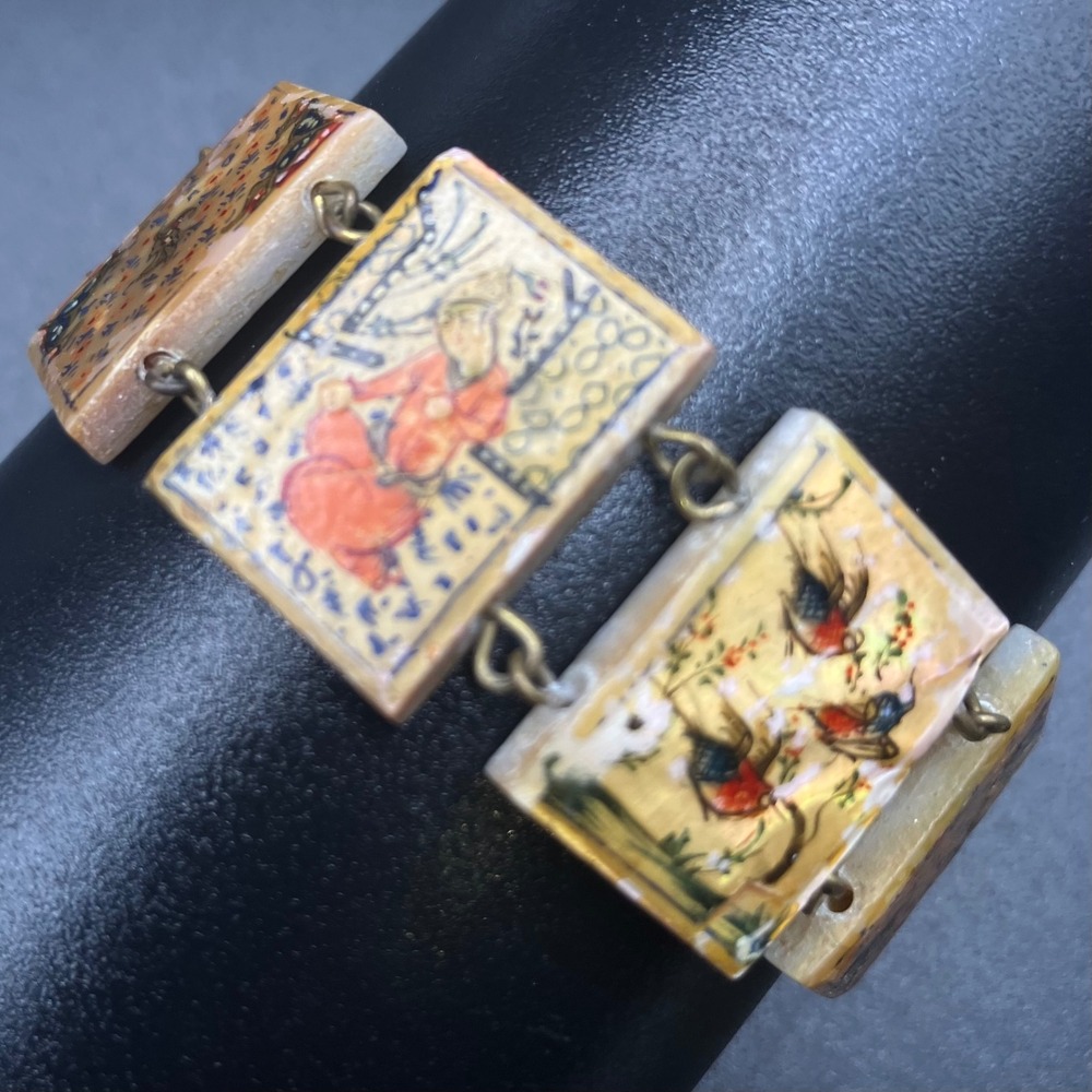 Vintage Persian Storyteller Bracelet Handpainted Mother of Pearl Size 6.5 READ